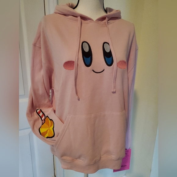 Boxlunch Sweaters - Pink Kirby Dream Land Character Hoodie with Star Wand Sleeve Detail